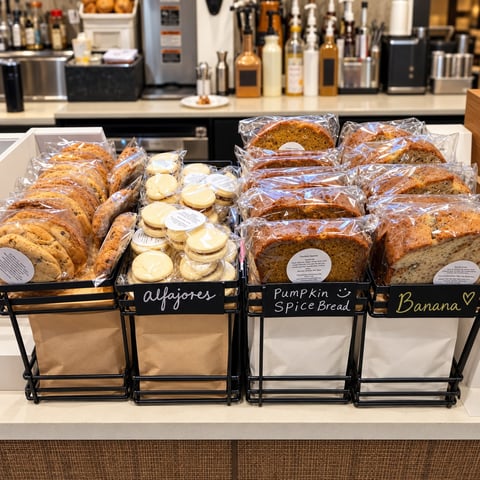 Bakery display with four bins of freshly baked goods labeled Alfajores, sliced bread, Pumpkin Spice Bread, and Banana bread on a counter with coffee equipment in background