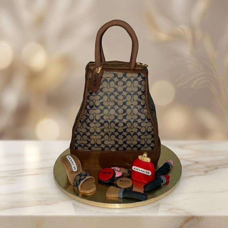 Luxury handbag-inspired custom cake with makeup accessories and elegant brown, gold, and neutral details.