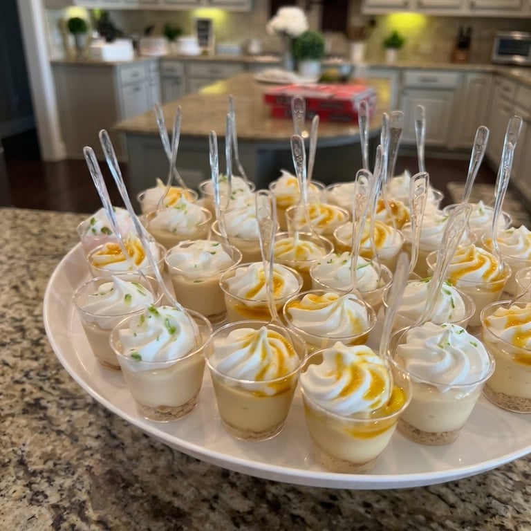 Individual dessert cups with creamy toppings and fruit sauces arranged on a serving platter.