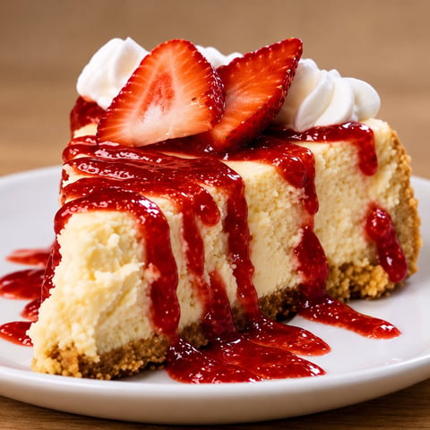 Slice of cheesecake with graham cracker crust, topped with red jam, fresh strawberry slices, and whipped cream on a white plate