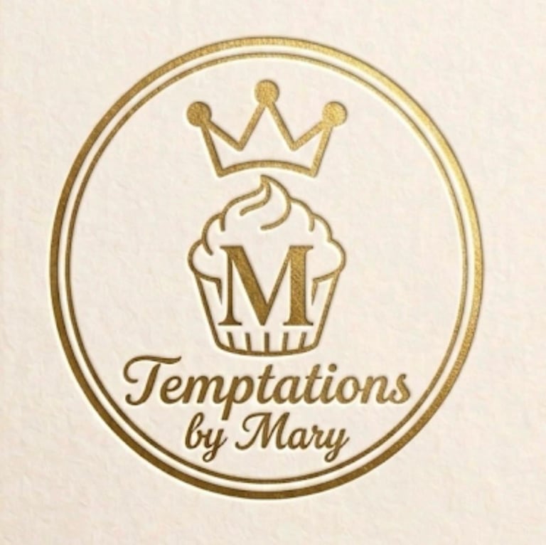 Gold logo for Temptations by Mary bakery featuring a crown above a cupcake with the letter M inside an oval border