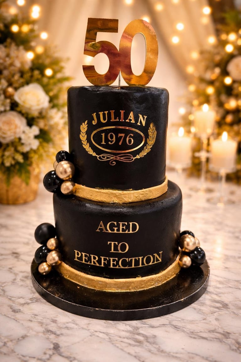 Two-tier black and gold 50th birthday cake for Julian born 1976, decorated with black and gold beads, topped with gold 50 numerals, surrounded by white flowers and golden bokeh lights