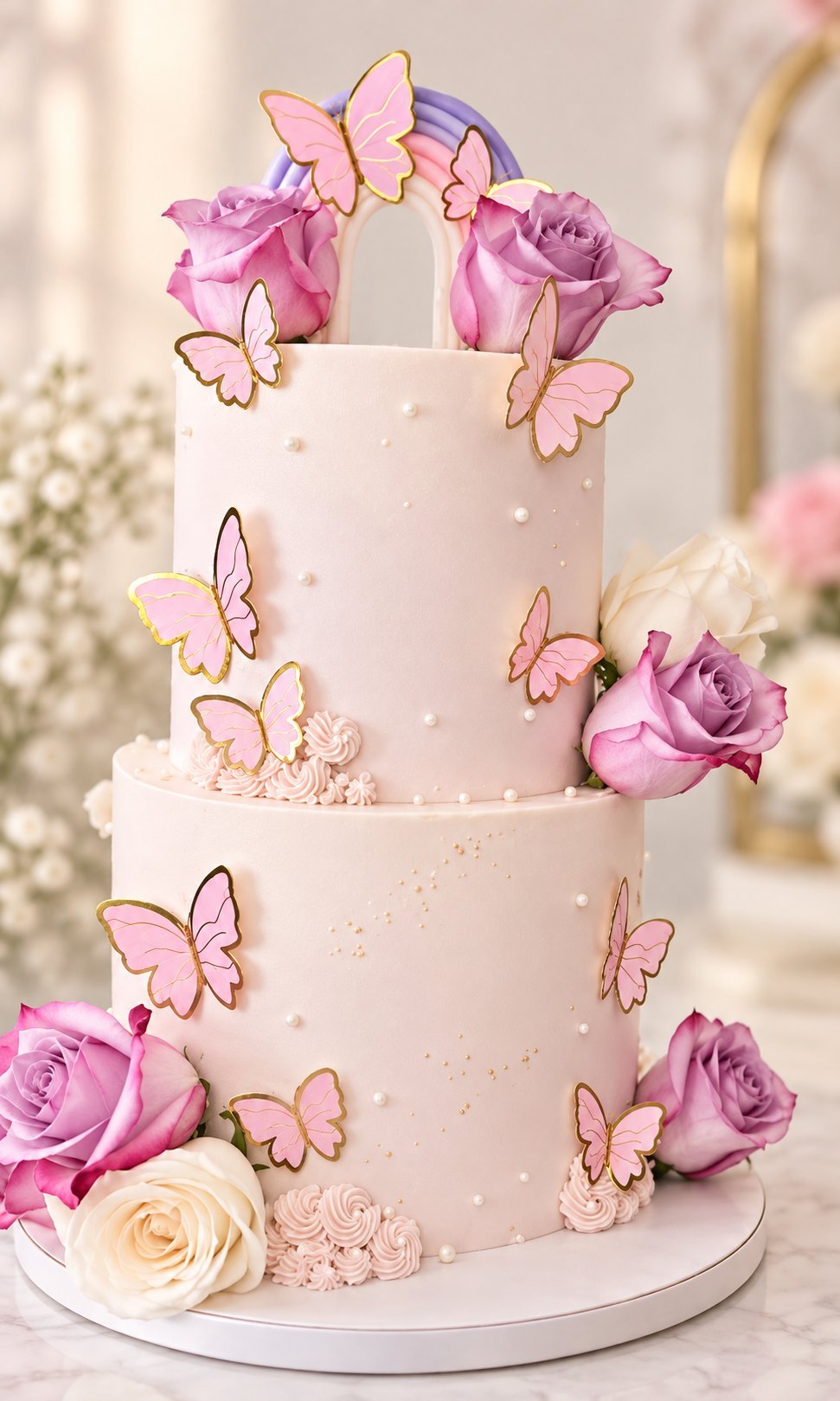 Three-tier pink wedding cake with pastel butterflies, fresh pink and cream roses, pearl beads, and a purple ribbon arch on top
