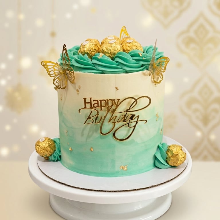 Elegant birthday cake with turquoise frosting, gold butterflies, and gold leaf decorations on white cake stand