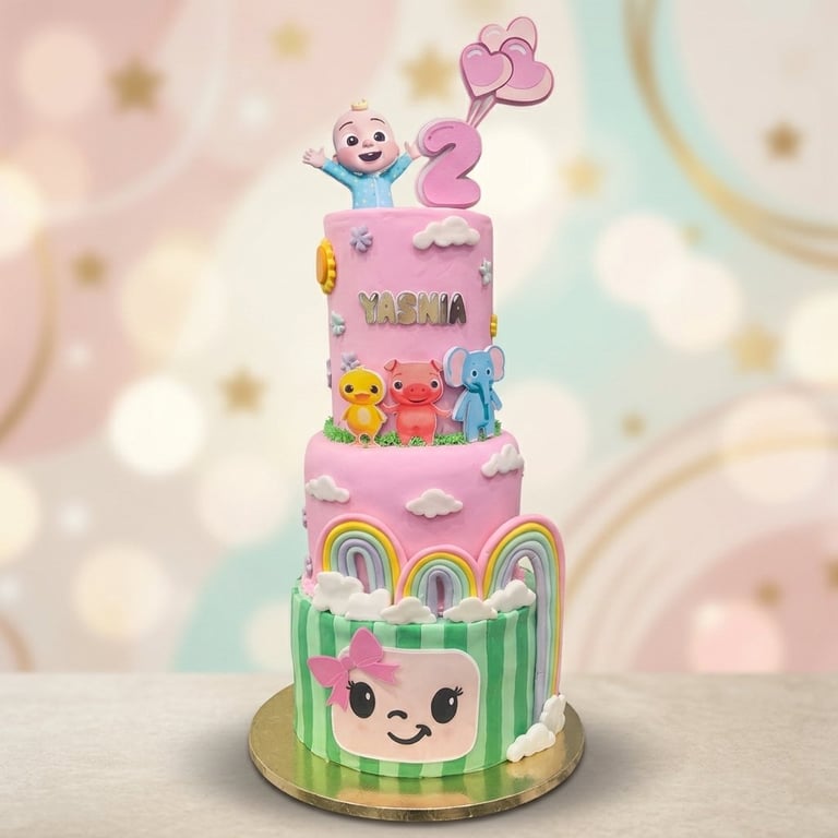 Three-tier pink and green Cocomelon birthday cake with colorful character decorations, rainbows, clouds, and a number 2 topper.