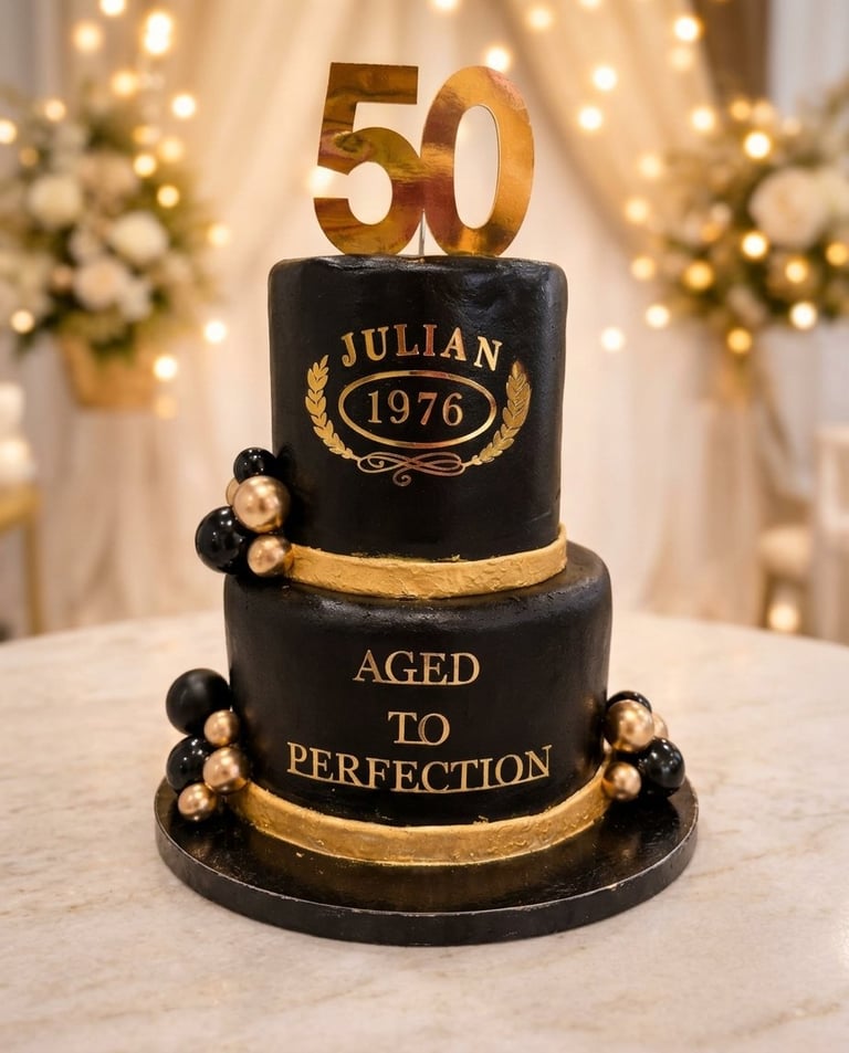 Elegant black and gold 50th birthday cake with personalized Julian 1976 and Aged to Perfection details.