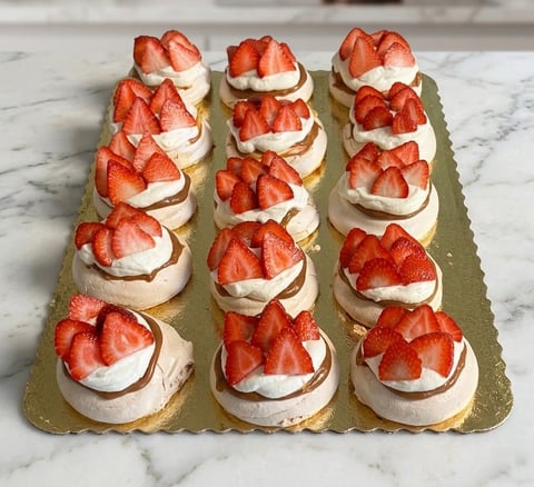 Fifteen individual strawberry shortcakes arranged in rows on a gold board, each topped with fresh strawberry slices and whipped cream