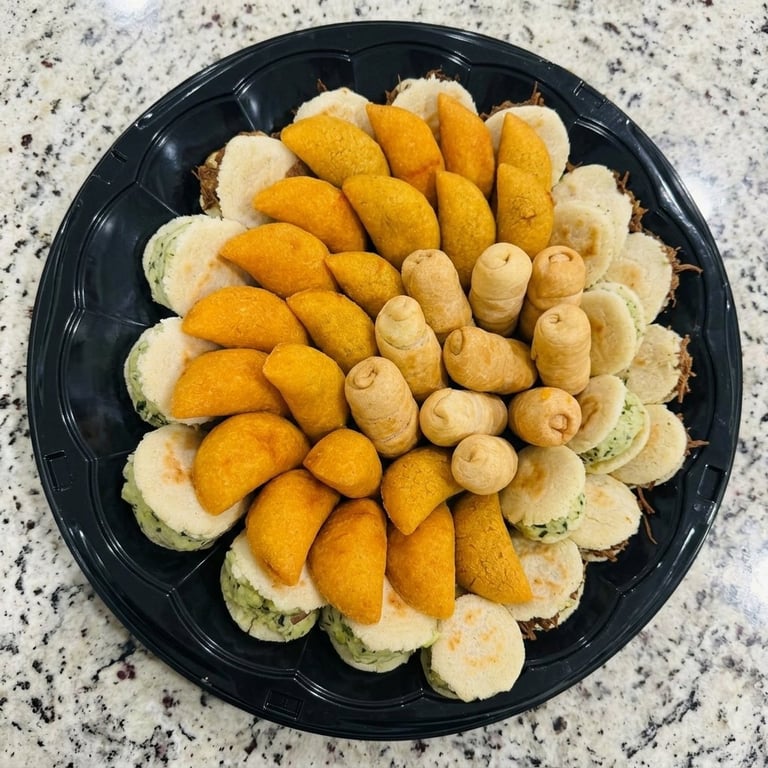 Assorted savory platter with empanadas, tequeños, arepas, and bite-sized appetizers arranged for an event.