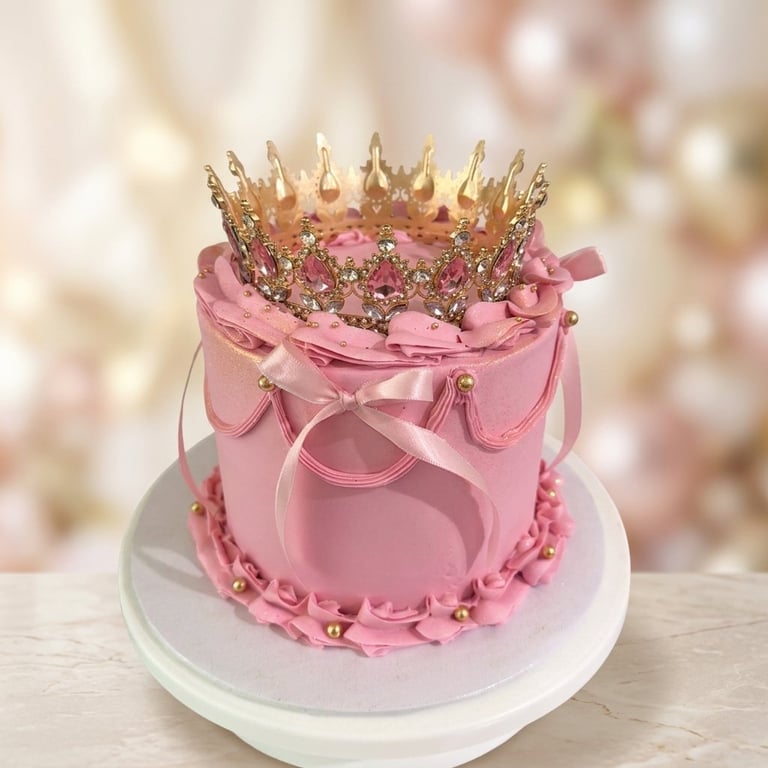 Elegant pink crown cake with gold details, ribbon bow, and jeweled tiara on cake stand