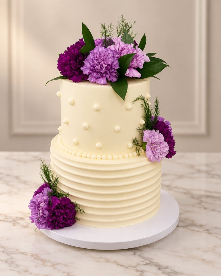 Two-tier white wedding cake decorated with purple carnations, green leaves, and asparagus fern on a marble surface