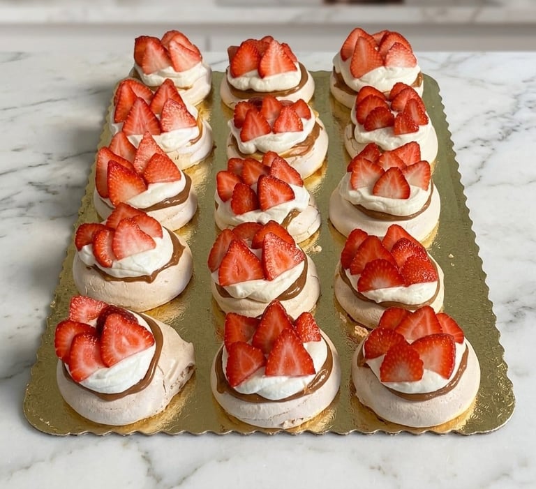 Strawberry pavlovas topped with fresh strawberries and cream on a gold serving tray.