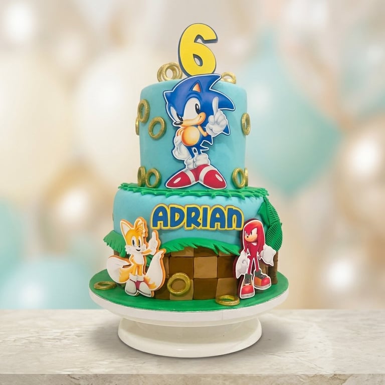 Custom Sonic-themed birthday cake for Adrian featuring Sonic, Tails, Knuckles, gold rings, and a number 6 topper.